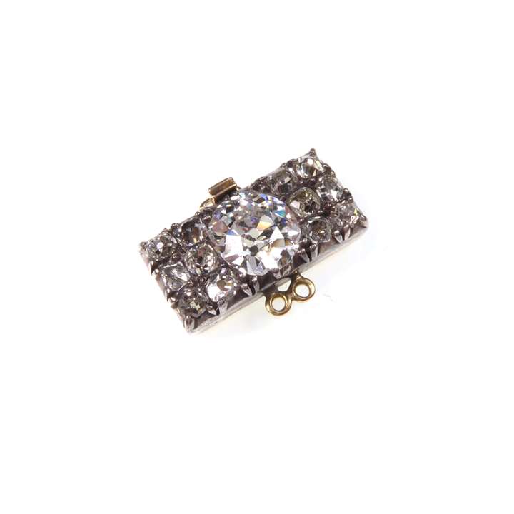 Antique diamond cluster obong panel clasp, with fittings for two rows, larger old European cut stone to the middle